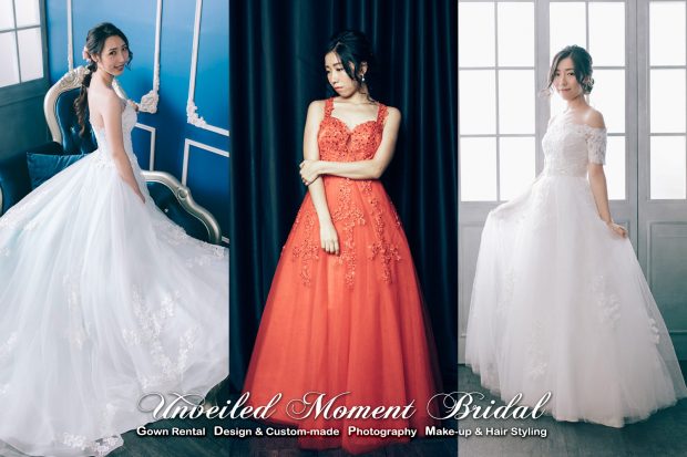 Left: Bride in strapless wedding gown looking back. Middle: Bride in red embroidered evening gown. Right: Bride in off-should lace wedding gown.