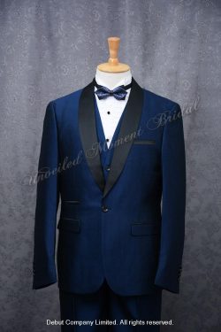 Briddegroom wearing blue suit-style tuxedo with with black Trim Collar, matched with blue waistcost and blue bow 新郎穿上藍色格仔領結bow tie, 藍色背心馬甲, 黑色披肩領藍色西裝款新郎禮服