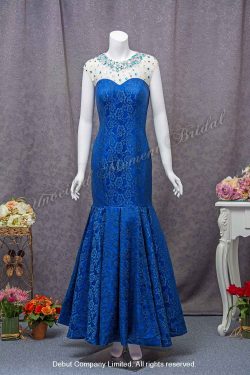 Cap sleeves, trumpet, lace blue evening dress with a jeweled, see-through round neckline for mother-of-bride 喇叭款, 雞翼袖, 釘珠閃片, 藍色媽咪奶奶晚裝裙