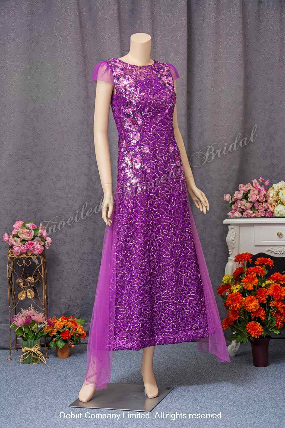 Short sleeves, round neckline, embellished with sequins, purple mother-of-the-bride Dress 短袖, 圓領, 閃片, 紫色媽咪奶奶晩裝