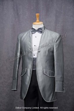 Silver bow tie, silver cummerbund, Sliver mandarin collar cutaway tuxedo 銀色領結, 銀灰色腰封, 銀邊企領新郎禮服