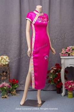 Fuchsia qipao with short sleeves and embrodiery 桃紅色, 企領, 短袖, 繍花旗袍