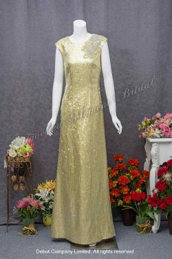 Cap sleeves, sequined bodice gold evening dress with decorative beaded lace applique for mother-of-bride 圓領, 雞翼袖, 閃石閃片釘珠, 金色媽咪衫晩裝裙