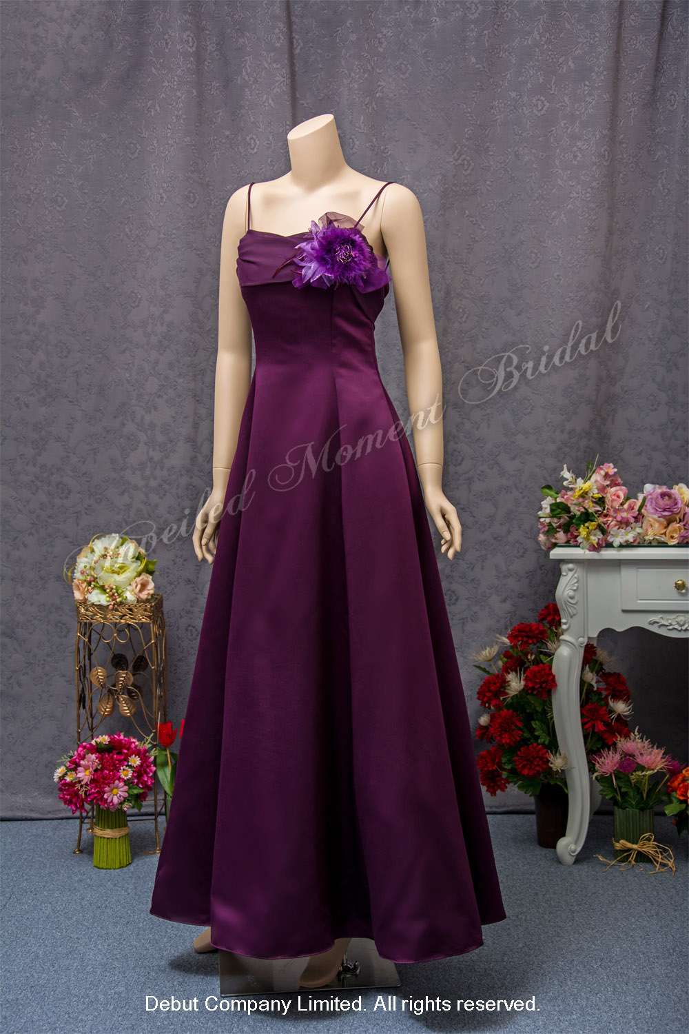 Purple maid-of-honour A-line party dress with flower corsage 紫色伴娘宴會晚裝裙